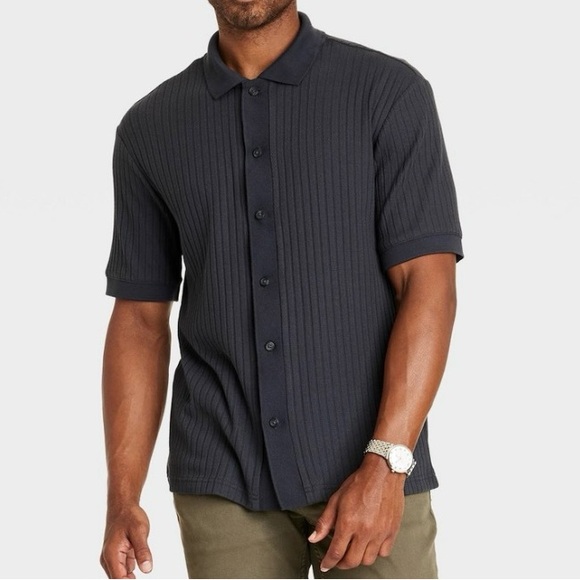 Men's Full Button Polo Shirt - Goodfellow & Co Dark Gray M (947) - Picture 1 of 6